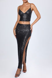 Oh Polly Danica jupe maxi noire sequins fendue
