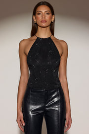 Oh Polly Embellished Top Tindra dos nu noir strass