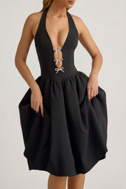 Oh Polly Angelina Robe Midi Licou Noire Black Nœuds
