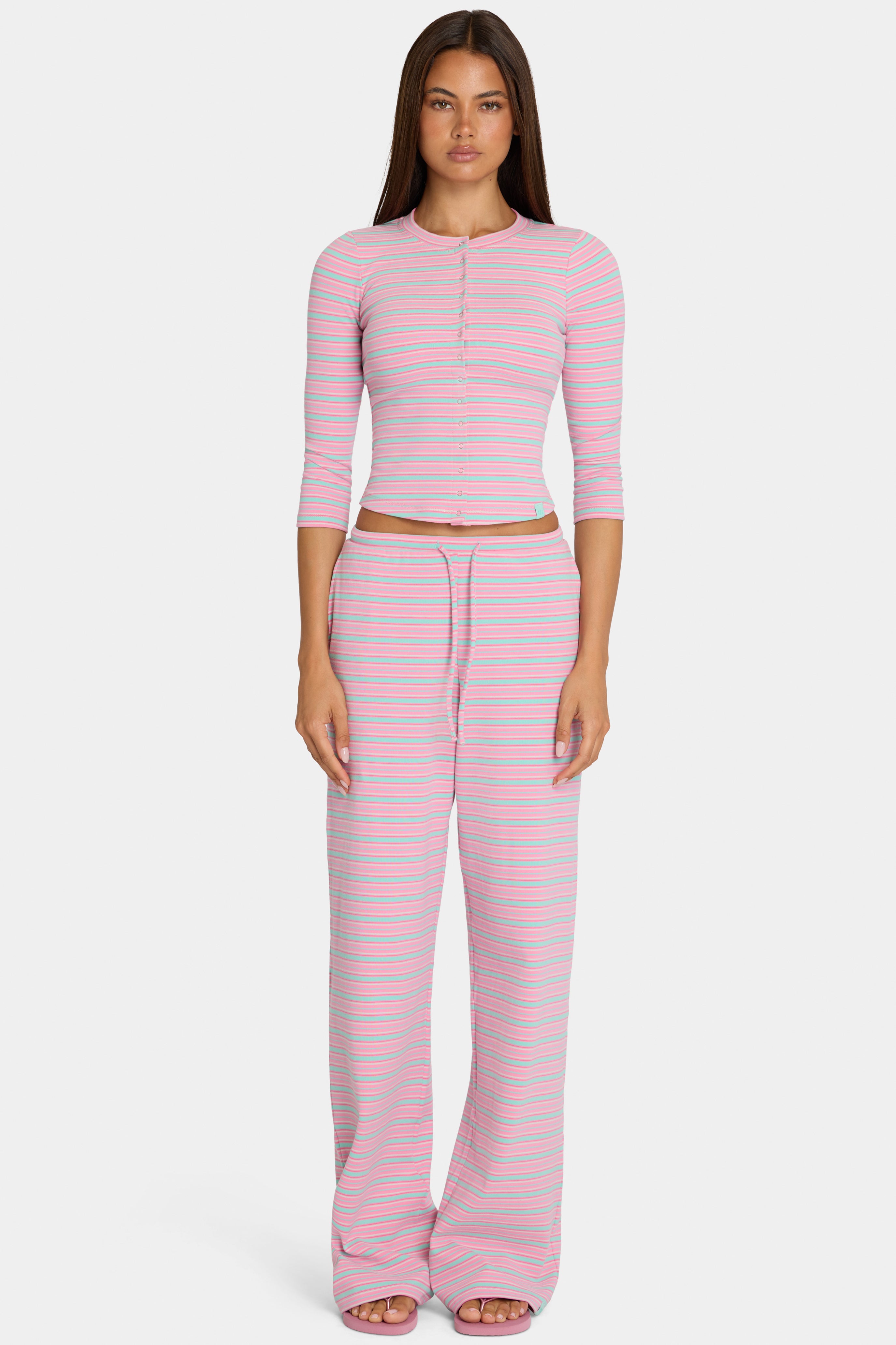 Oh Polly Bo+Tee pantalon large jersey multi stripe