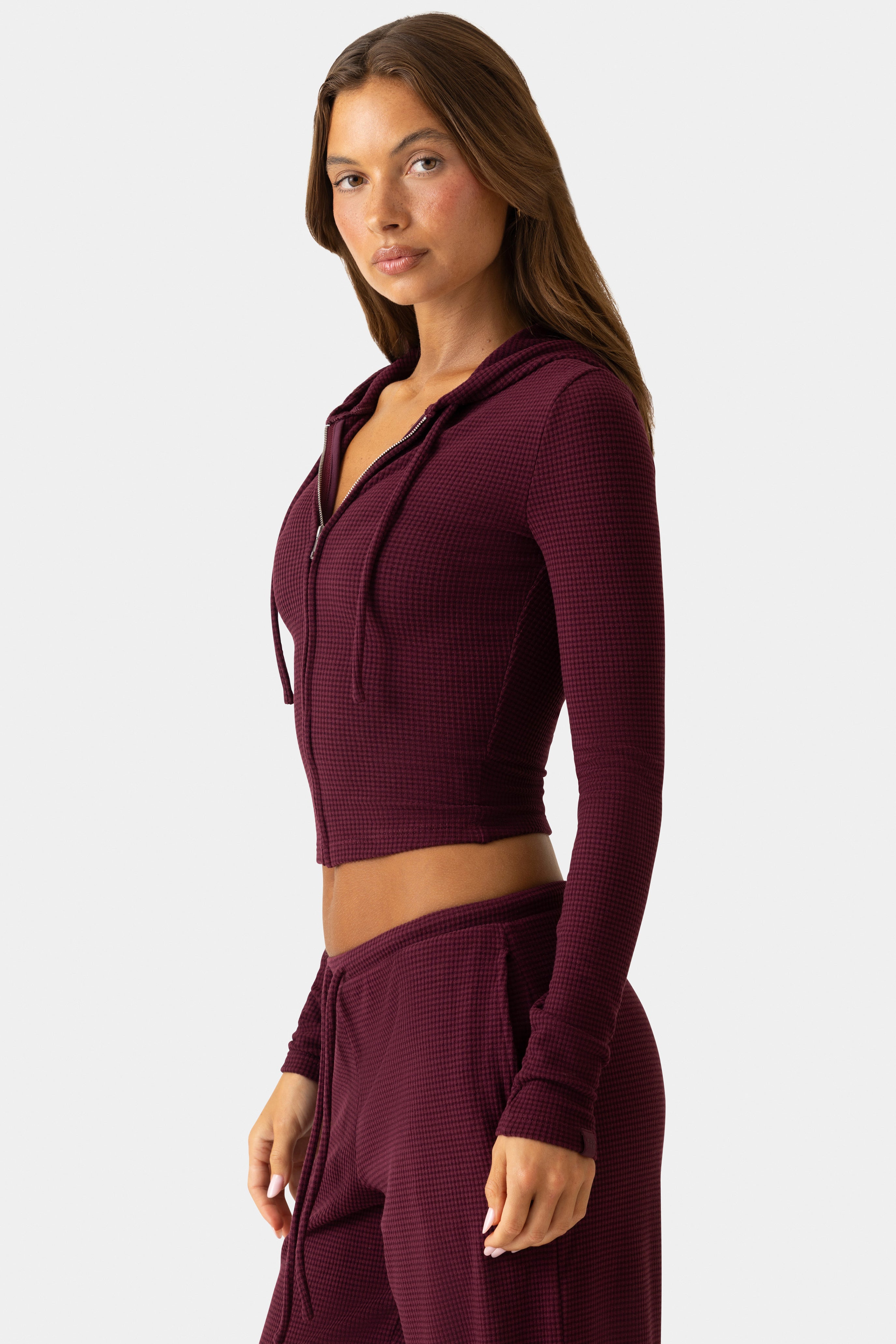 Oh Polly Bo+Tee Sweat à capuche zippé Plum côtelé crop