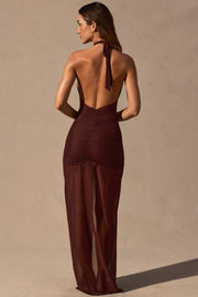 Oh Polly Caicos NS0923 robe maxi halter marron dos nu fente
