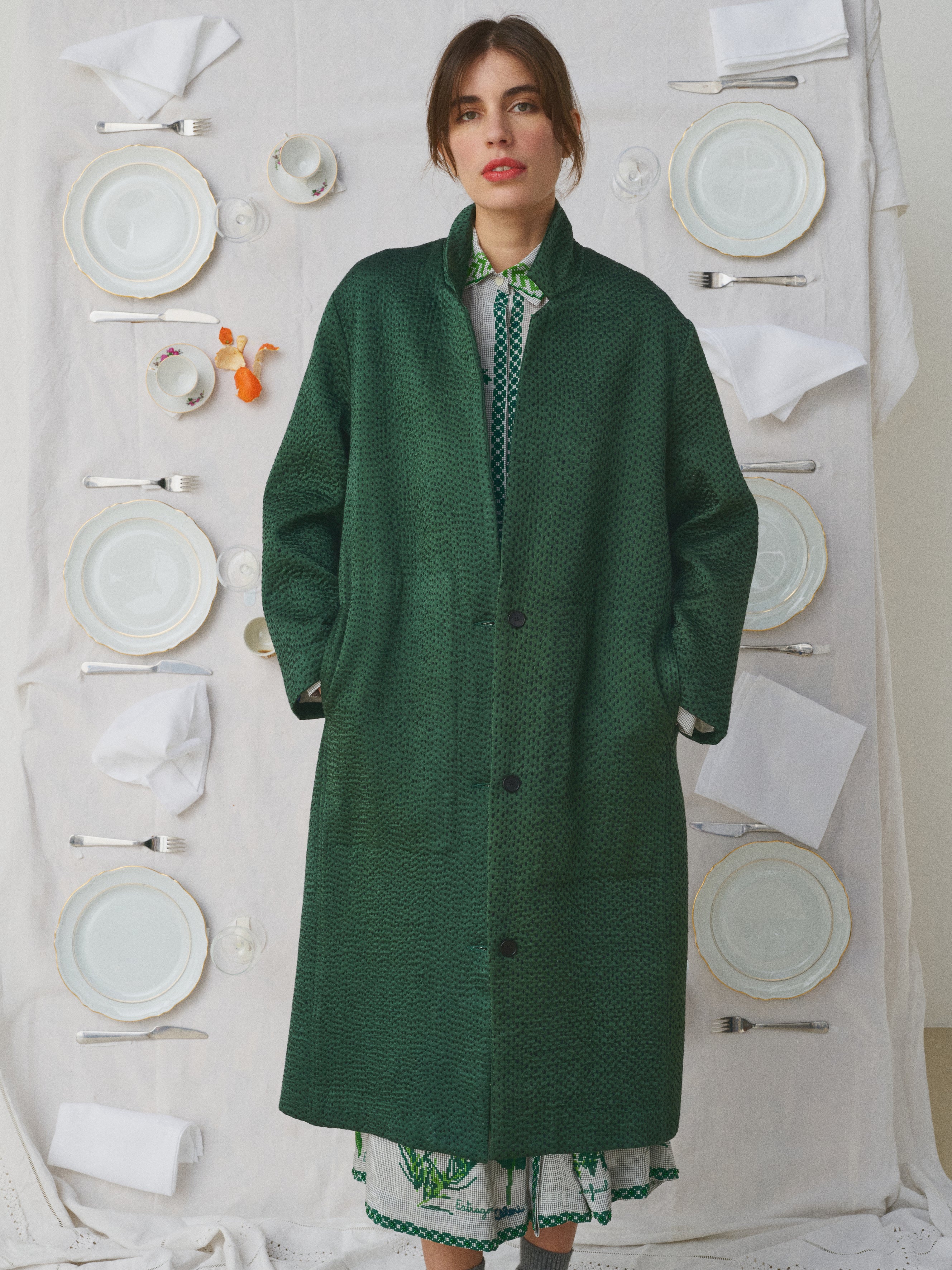 MII À Table Doniv manteau soie vert bouteille S-M