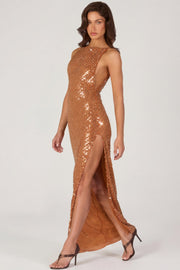 Oh Polly Embellished 16028 robe maxi bronze sequins