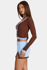 Oh Polly Laksila gilet court dentelle marron cocoa