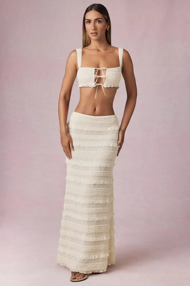 Oh Polly Orena Ruffled Maxi Skirt jupe ivoire volants mesh