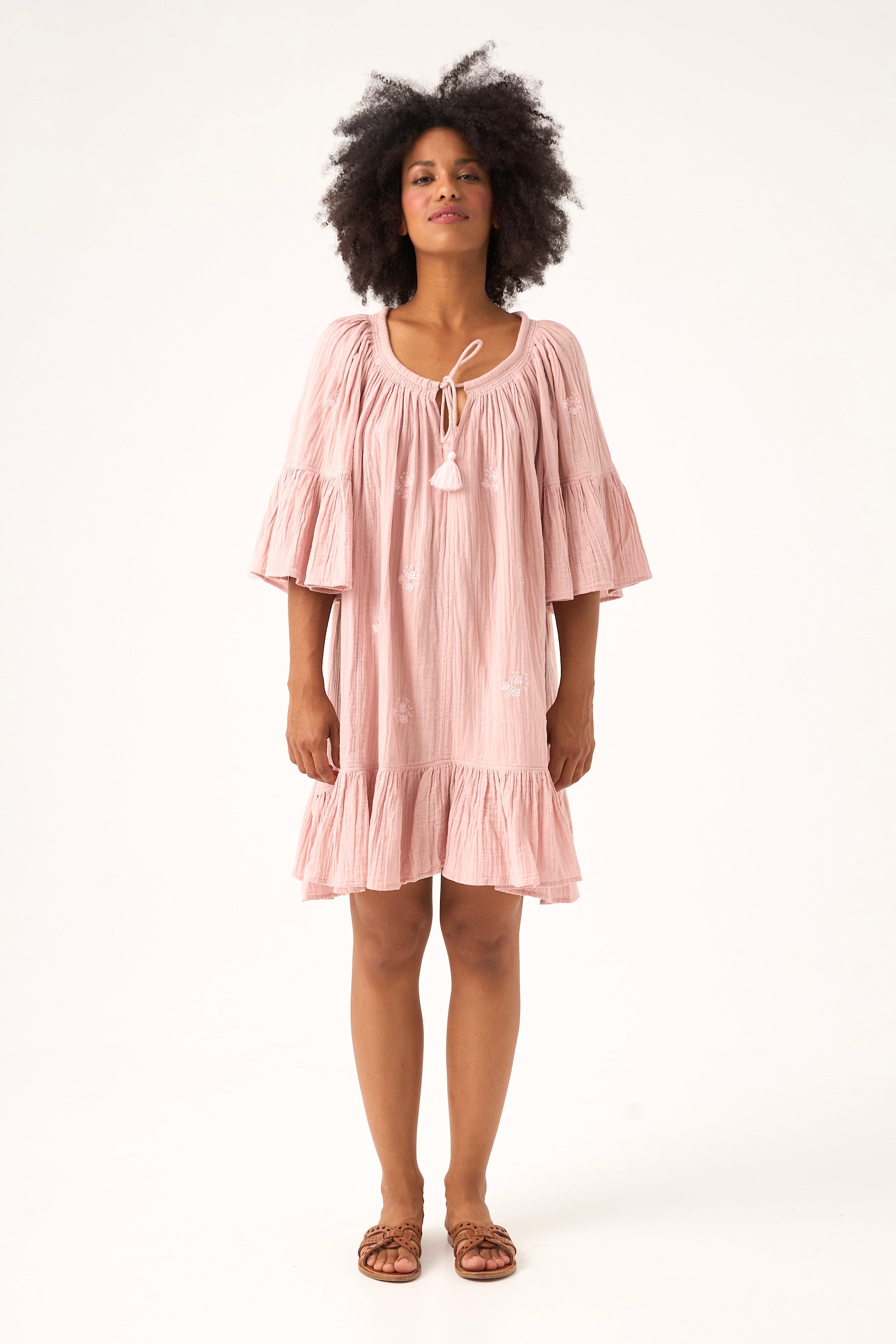 Chicosoleil Robes Faye robe courte rose romance gaze coton