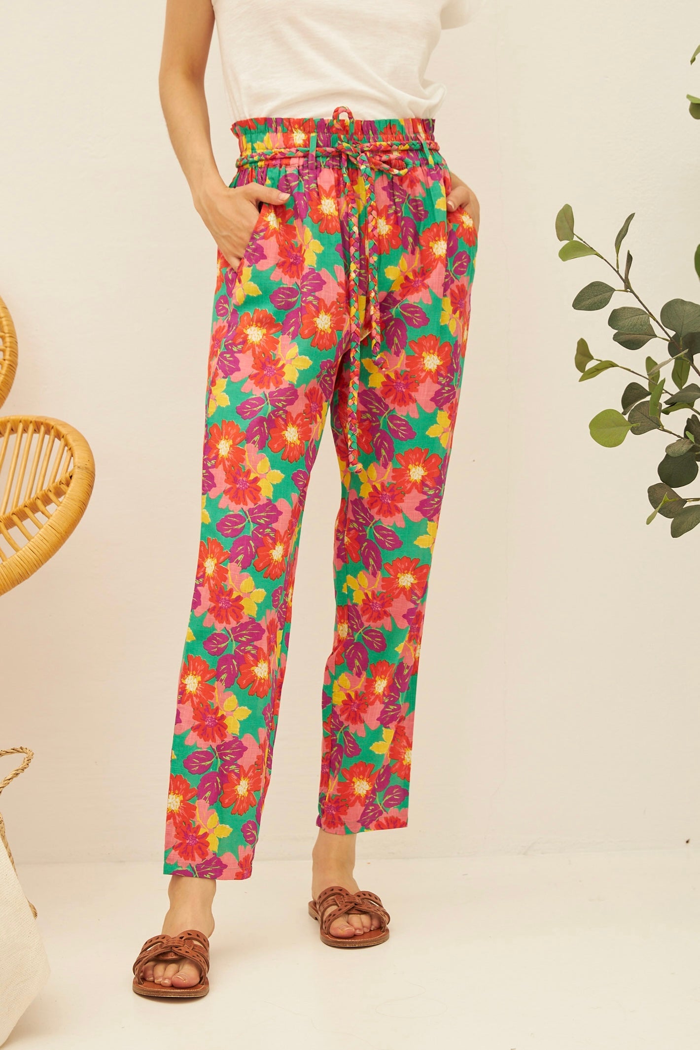 Chicosoleil Kory pantalon coton vert fleurs Jaipur