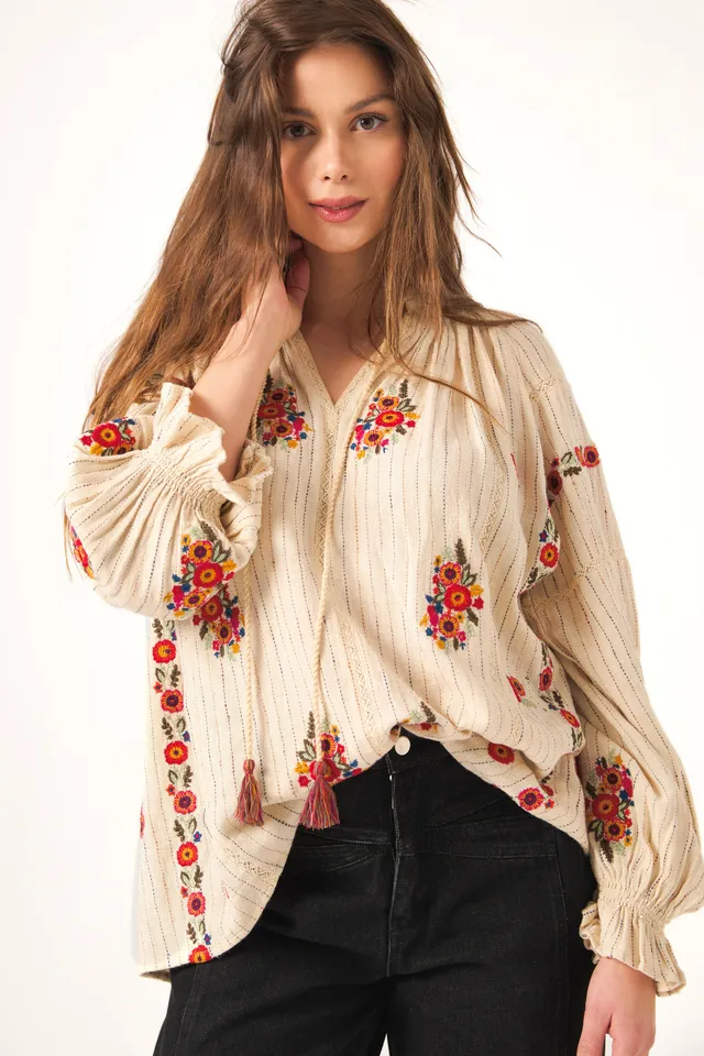 Chicosoleil Tops Blouse Amara beige thin stripe coton S