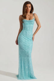 Oh Polly Nivalis Robe Maxi Dos Nu Bleu Aqua Perles
