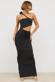 Oh Polly Kalina robe maxi noire jersey asymétrique fente
