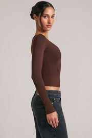 Oh Polly haut col V manches longues chocolate brown modal