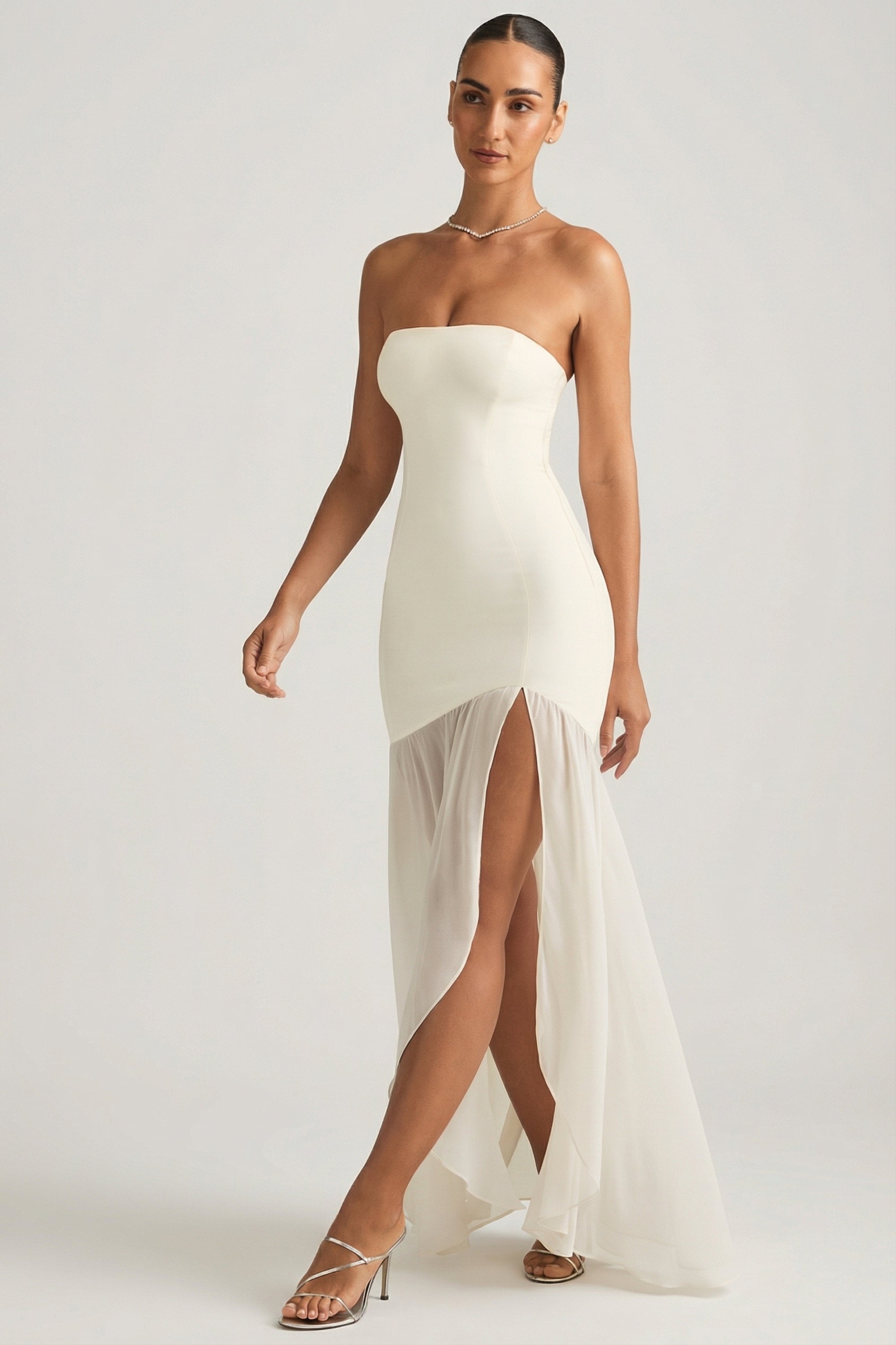 Oh Polly Melina Robe Bustier Sirène Ivoire Fente Maxi