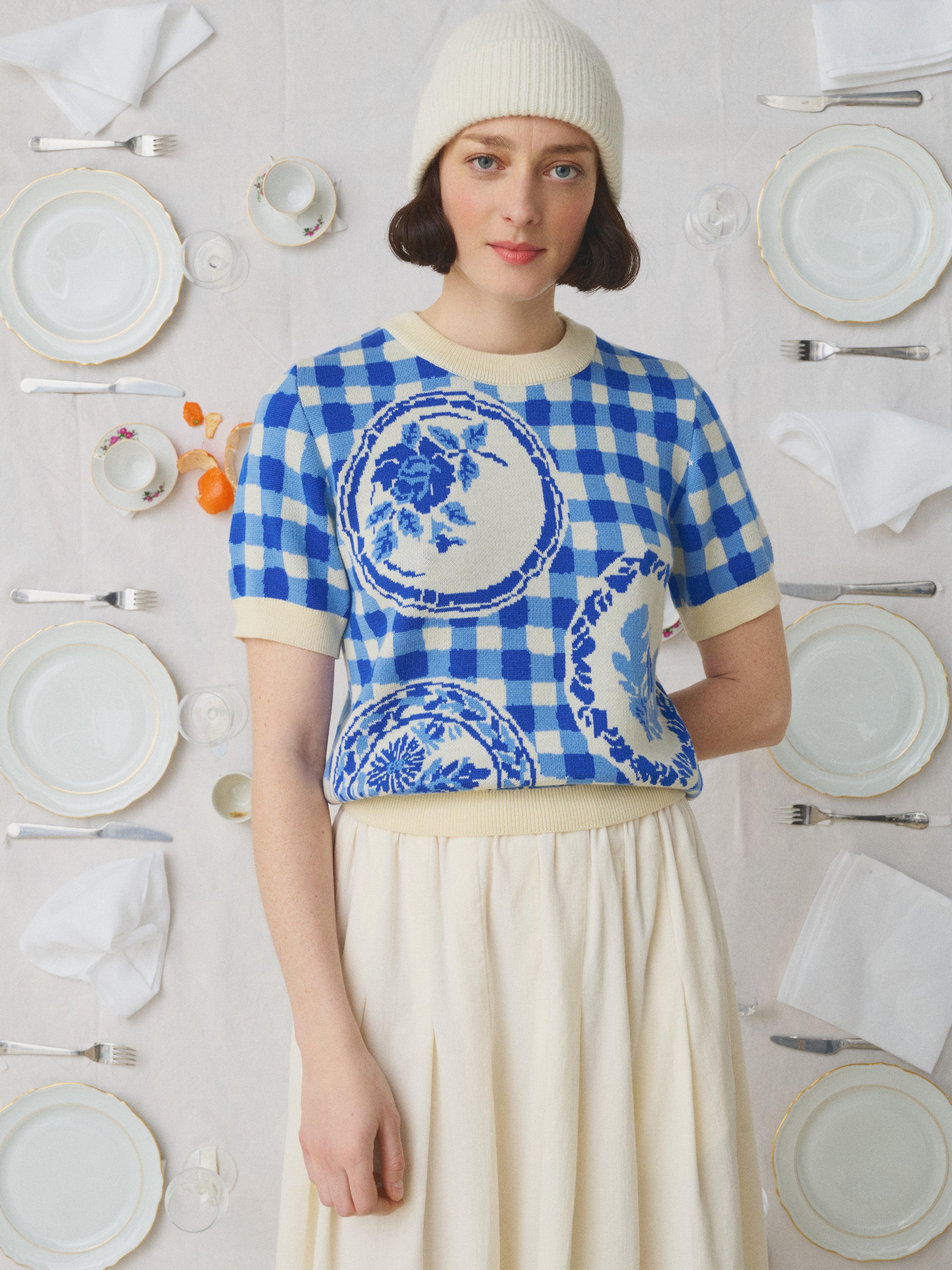 Mii à table Axelle pull laine mérinos vichy bleu
