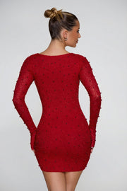 Oh Polly Nice robe mini strass rouge manches longues