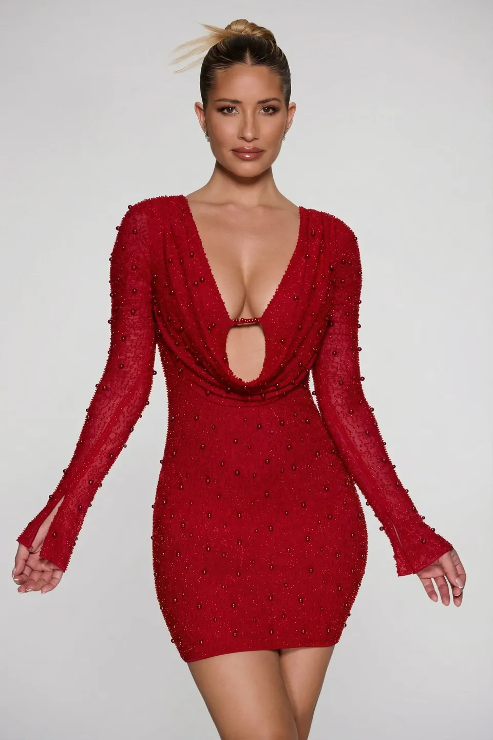 Oh Polly Nice robe mini strass rouge manches longues