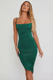 Oh Polly 2211 robe midi ruchee verte col drape