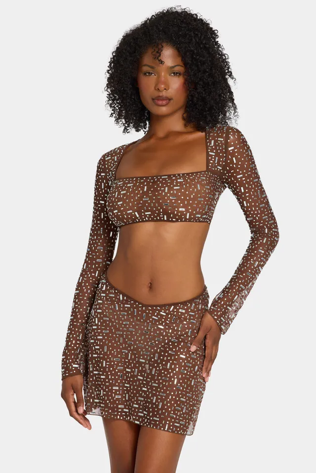 Oh Polly Embellished Giulia 7231 crop top marron strass