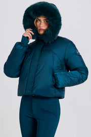 Oh Polly BT2391 veste ski cropped teal fourrure imperméable 18k