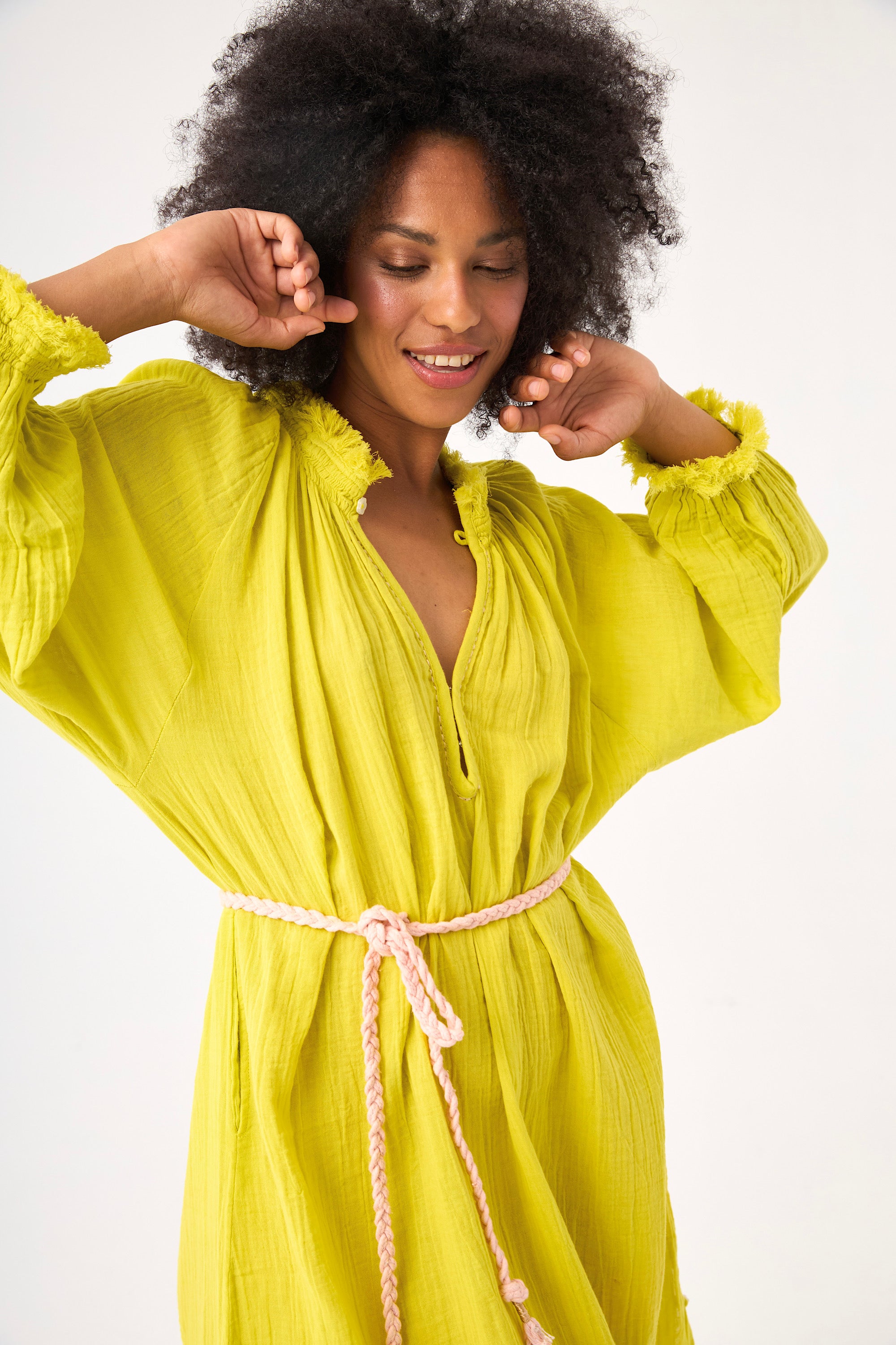 CHICOSOLEIL Marigold robe longue jaune gaze de coton poches