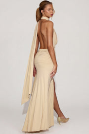 Oh Polly Navina robe maxi jersey champagne dos nu fendue