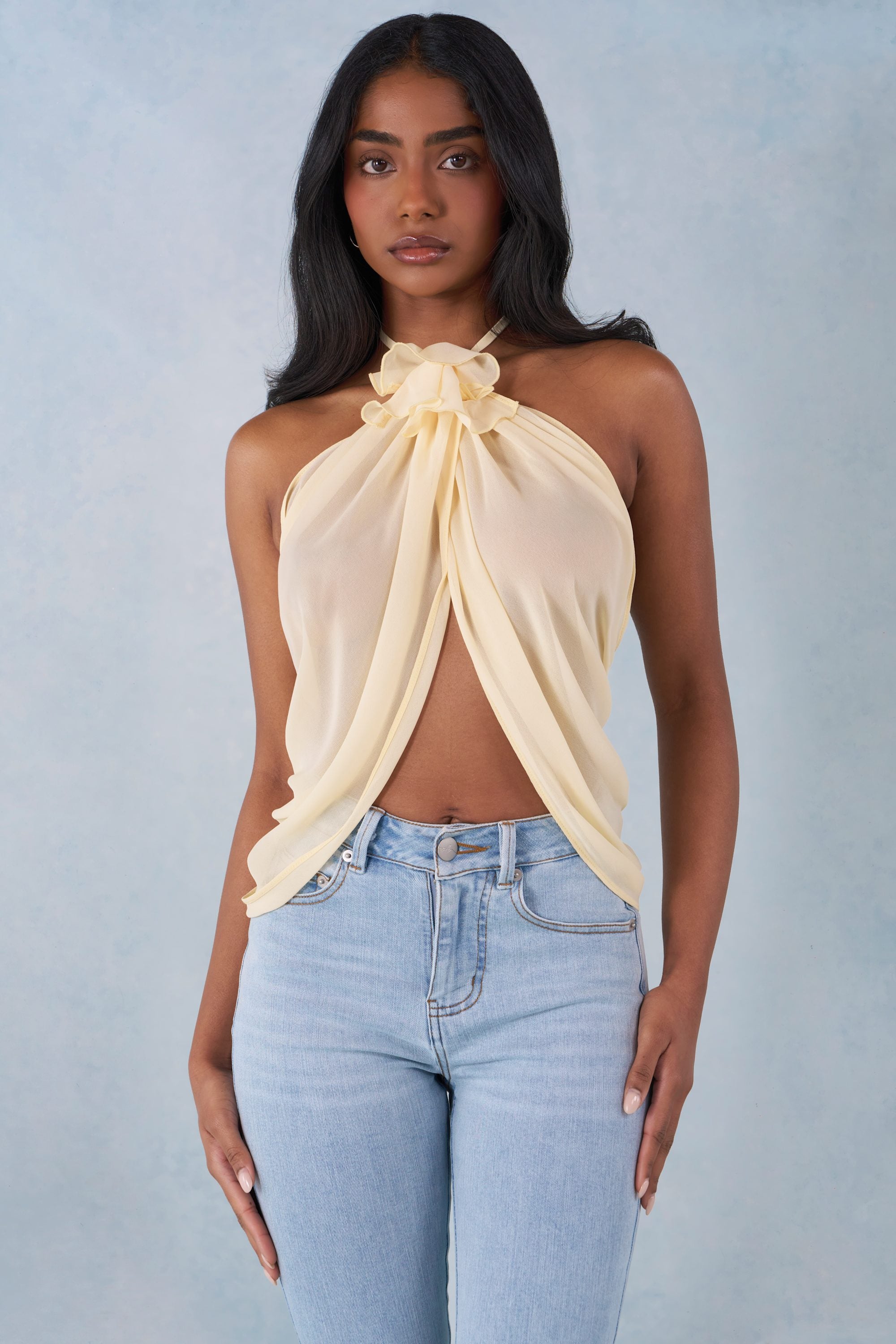 Oh Polly Virelle Haut Dos-Nu Halter Jaune Beurre Chiffon