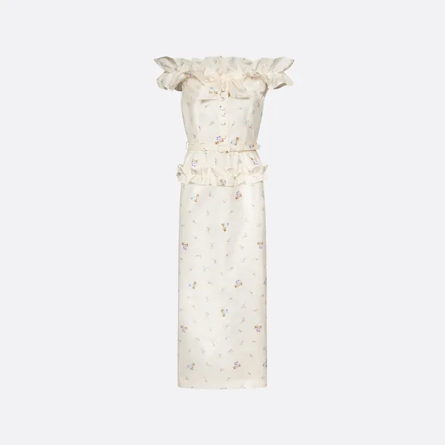 Alessandra Rich Floral Silk Taffeta Dress robe midi blanche fleurie