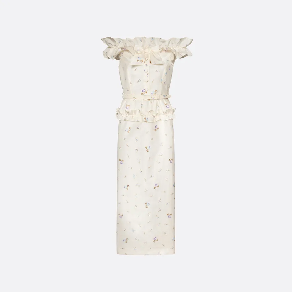 Alessandra Rich Floral Silk Taffeta Dress robe midi blanche fleurie