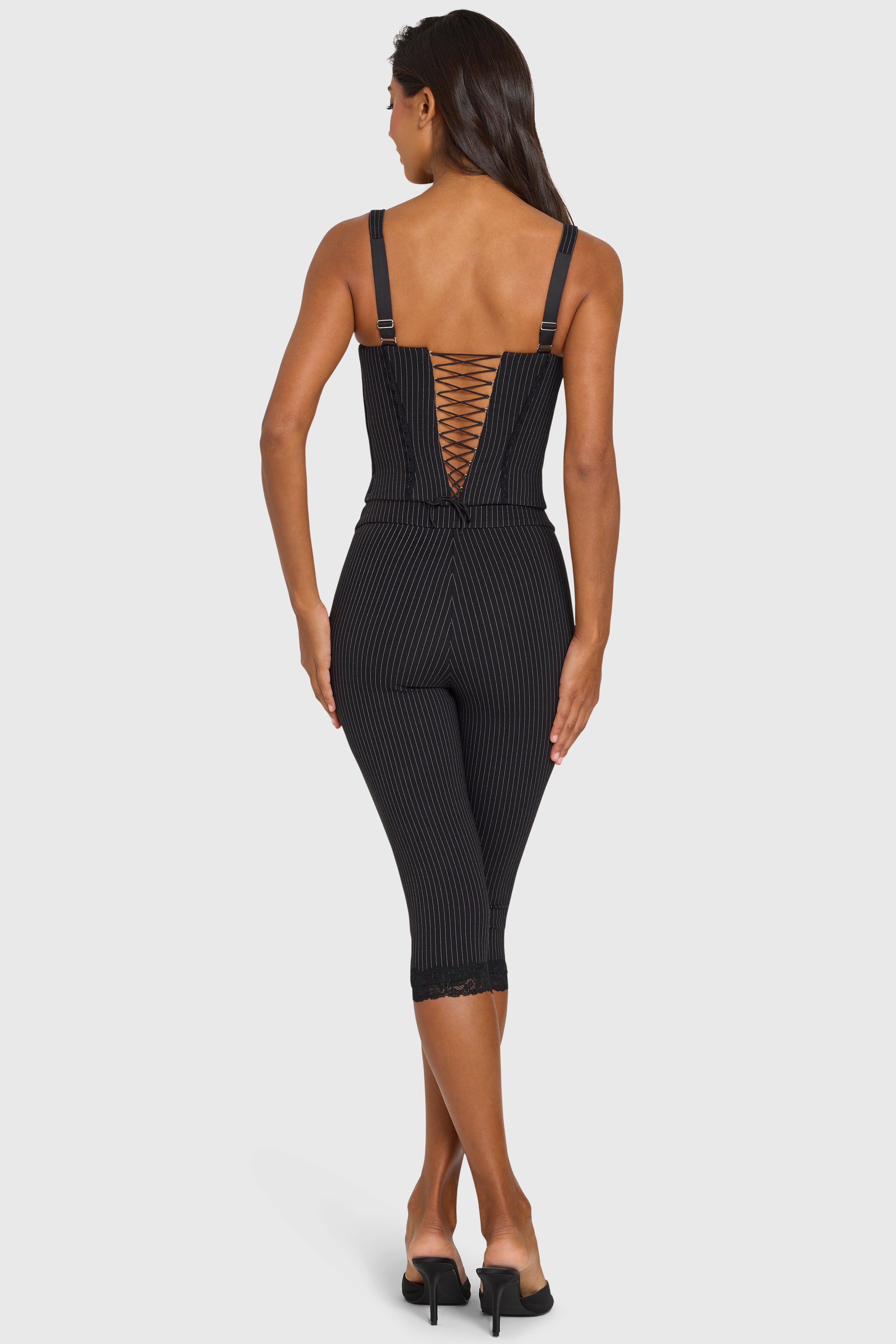 Oh Polly Amren legging capri ponte noir rayé dentelle