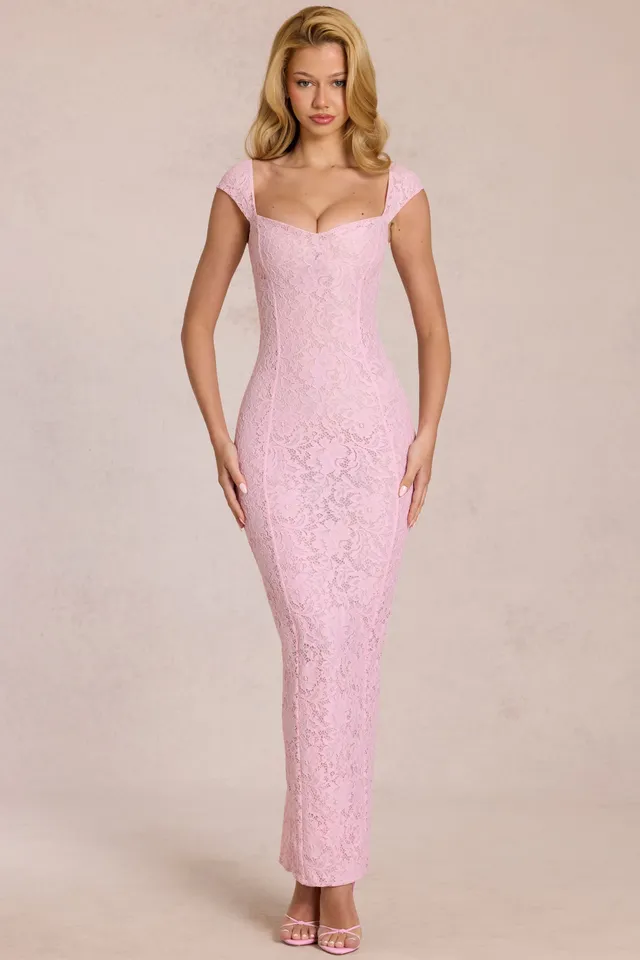 Oh Polly 15919 robe longue dentelle rose moulante