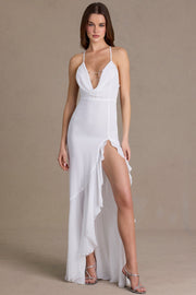 Oh Polly robe chiffon col bénitier blanche Snow fente