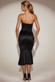 Oh Polly Belsa 15380 robe midi satin noire bustier dentelle