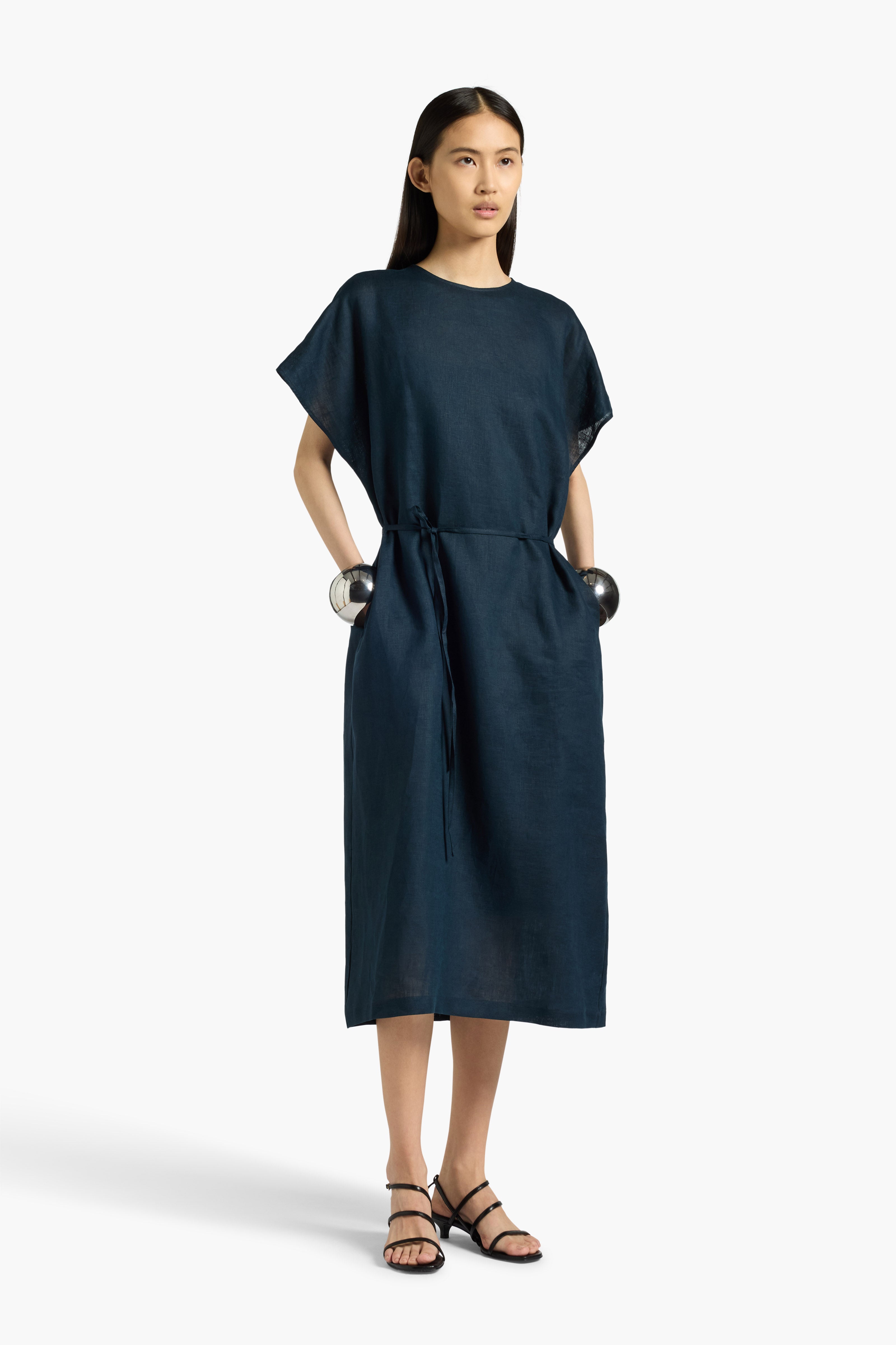 Liviana Conti Robe Asimina midi lin bleu abysse