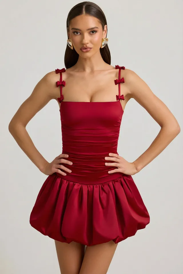 Oh Polly Cirilla Mini Robe rouge satin nœud jupe boule