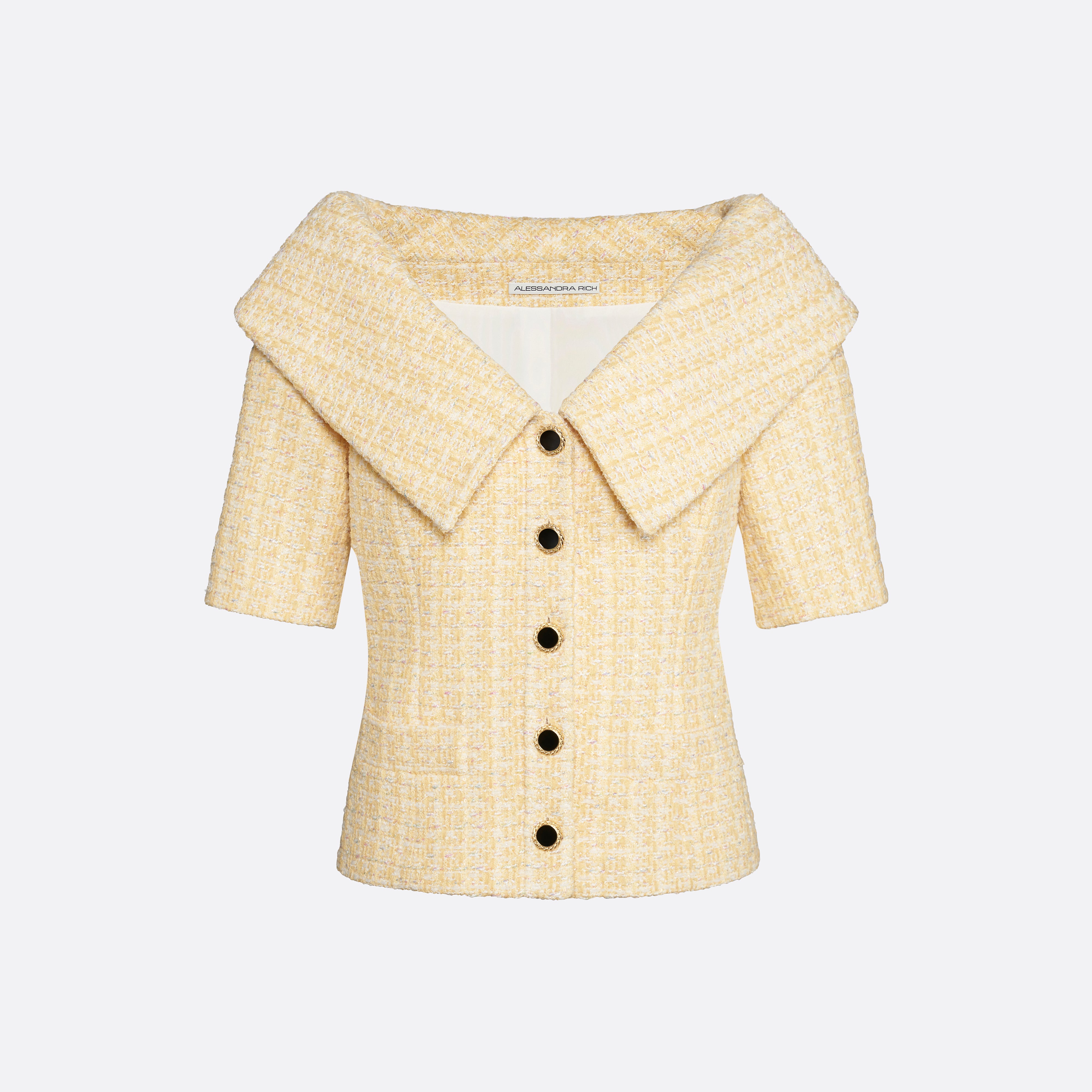 Alessandra Rich veste tweed sequins jaune épaules dénudées 38
