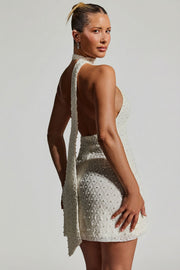 Oh Polly Henrietta Robe Mini Strass Blanche à Foulard