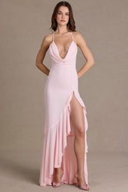 Oh Polly 15978 robe longue rose baby chiffon fendue