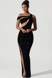 Oh Polly Embellished Persephone robe longue noire sequins fendue