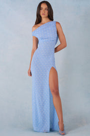 Oh Polly 16001 Robe Maxi Une Épaule Bleu Pois