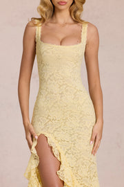 Oh Polly Dresses Celira 16130 robe maxi jaune dentelle fente volants