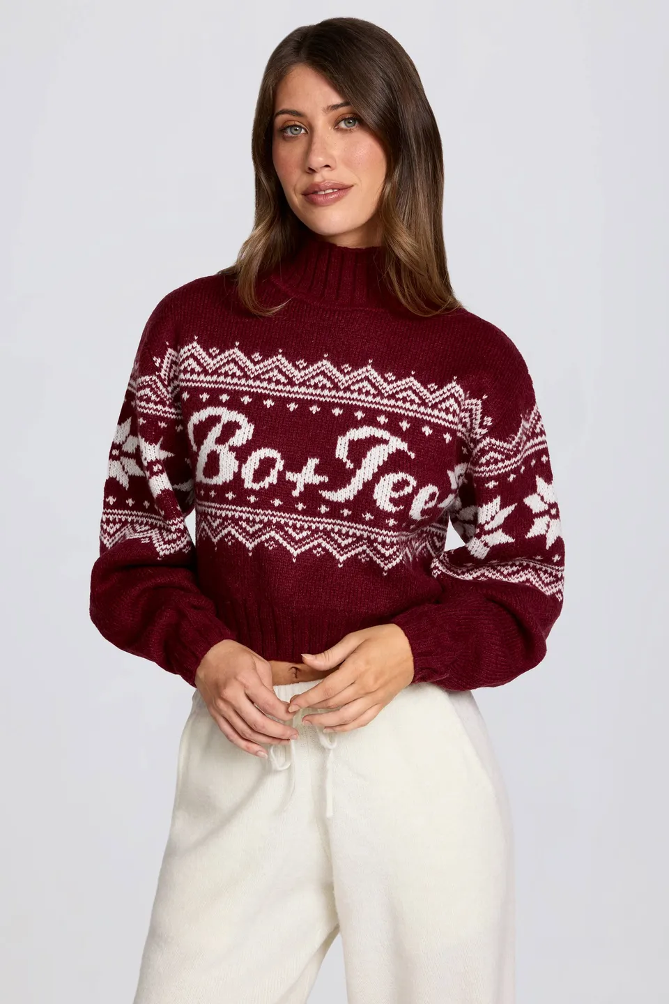 Oh Polly Knitwear BT1963 pull cropped rouge jacquard laine