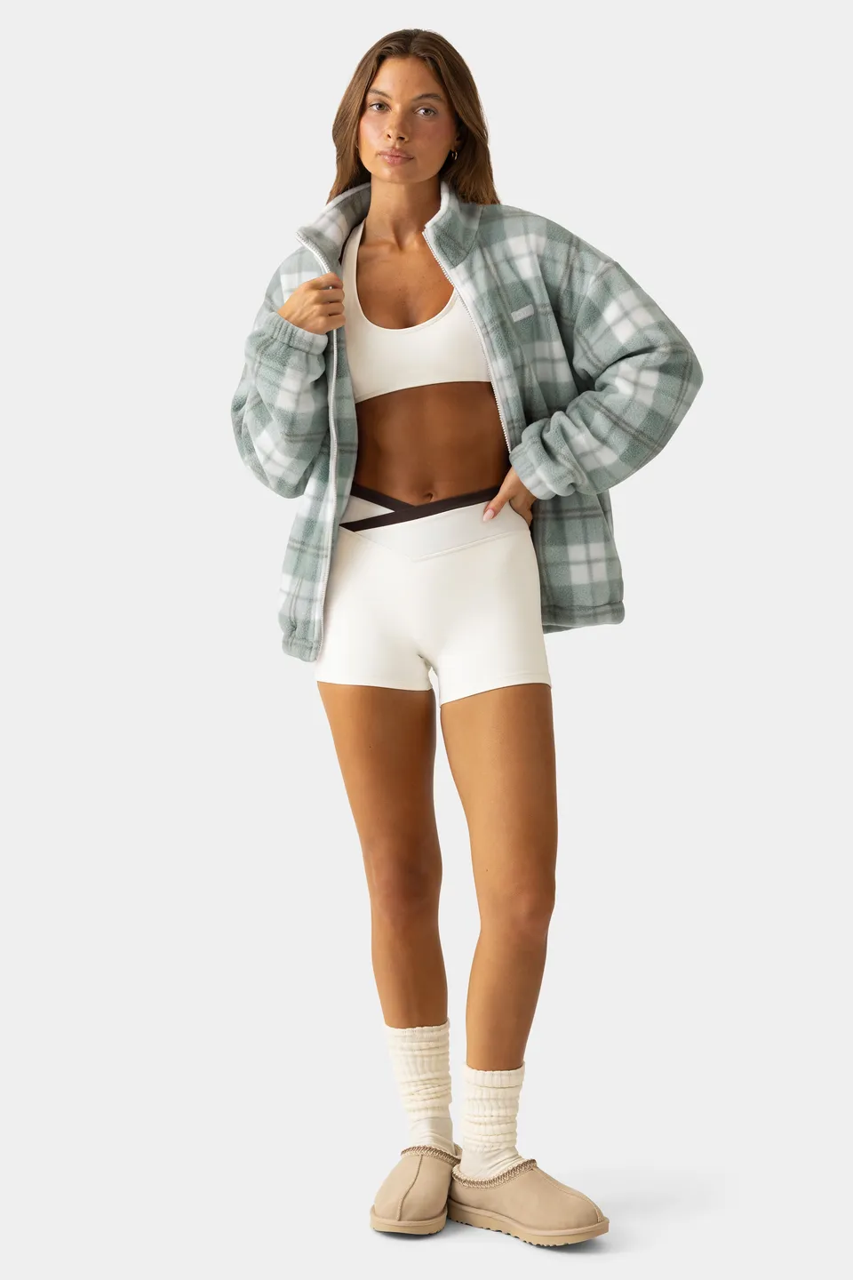 Oh Polly Bo+Tee Zip-Up Fleece veste Matcha Plaid polaire