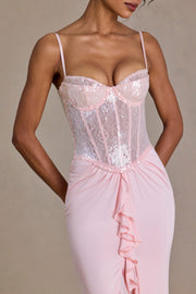 Oh Polly Robe Corset Dentelle Blossom Sequin Fendue Rose