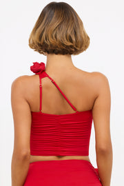 Oh Polly Tesia 8213 Top Rouge Asymétrique Jersey Rose Crop