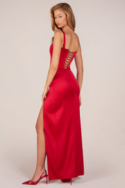 Oh Polly Marleigh 15691 Robe Maxi Rouge Corset Satin
