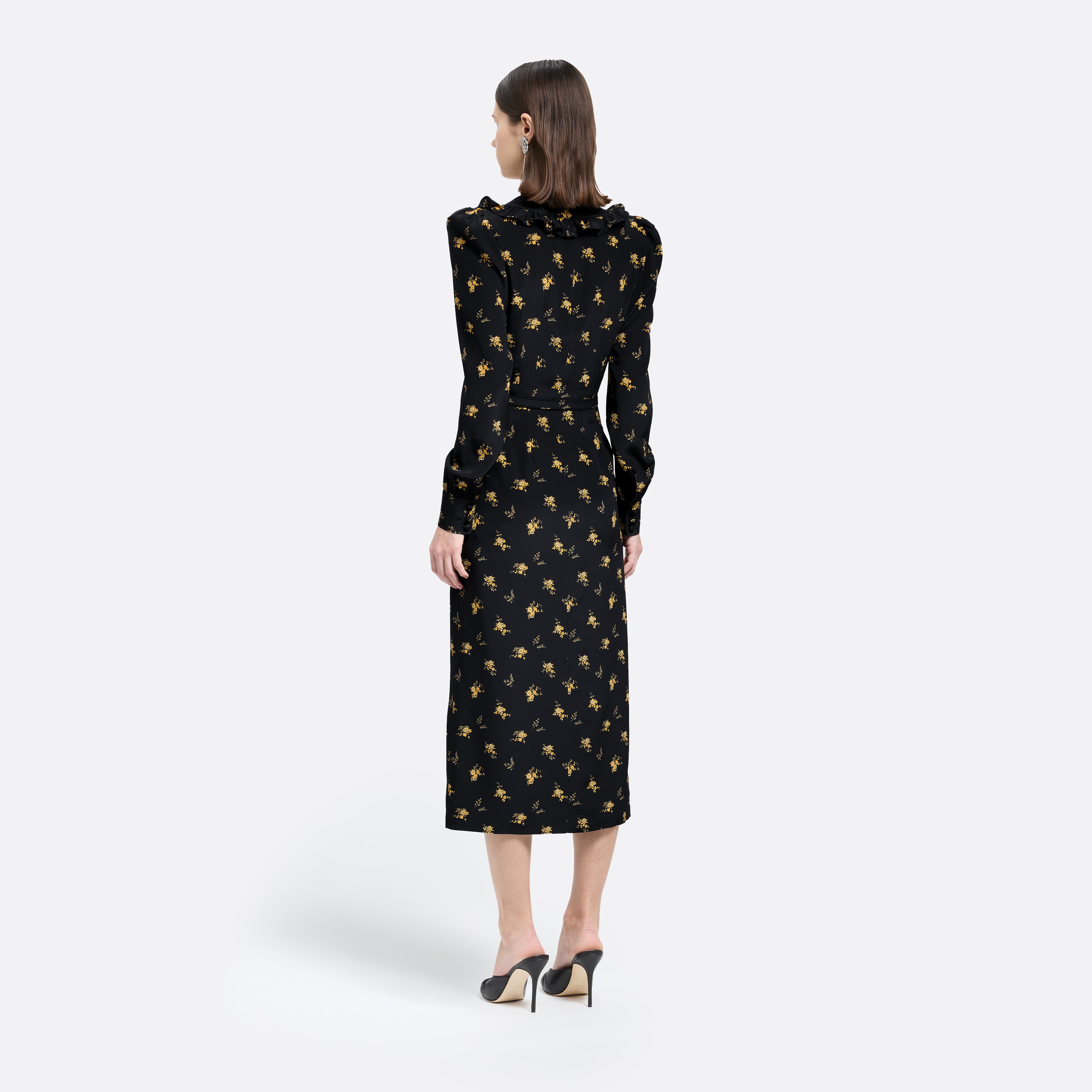 Alessandra Rich robe midi soie fleurs col V noir jaune
