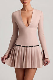 Oh Polly Fiorella robe mini plissée mushroom manches longues