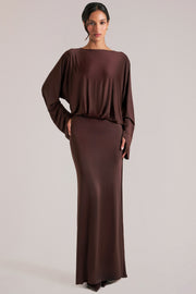 Oh Polly Dresses 15917 robe maxi marron chocolat drapée