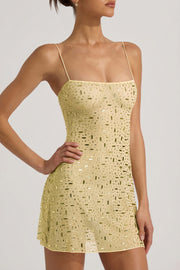 Oh Polly Averie Robe Jaune Strass Mini Col Carré