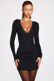Oh Polly Elona Robe Mini Noire Modal Manches Longues